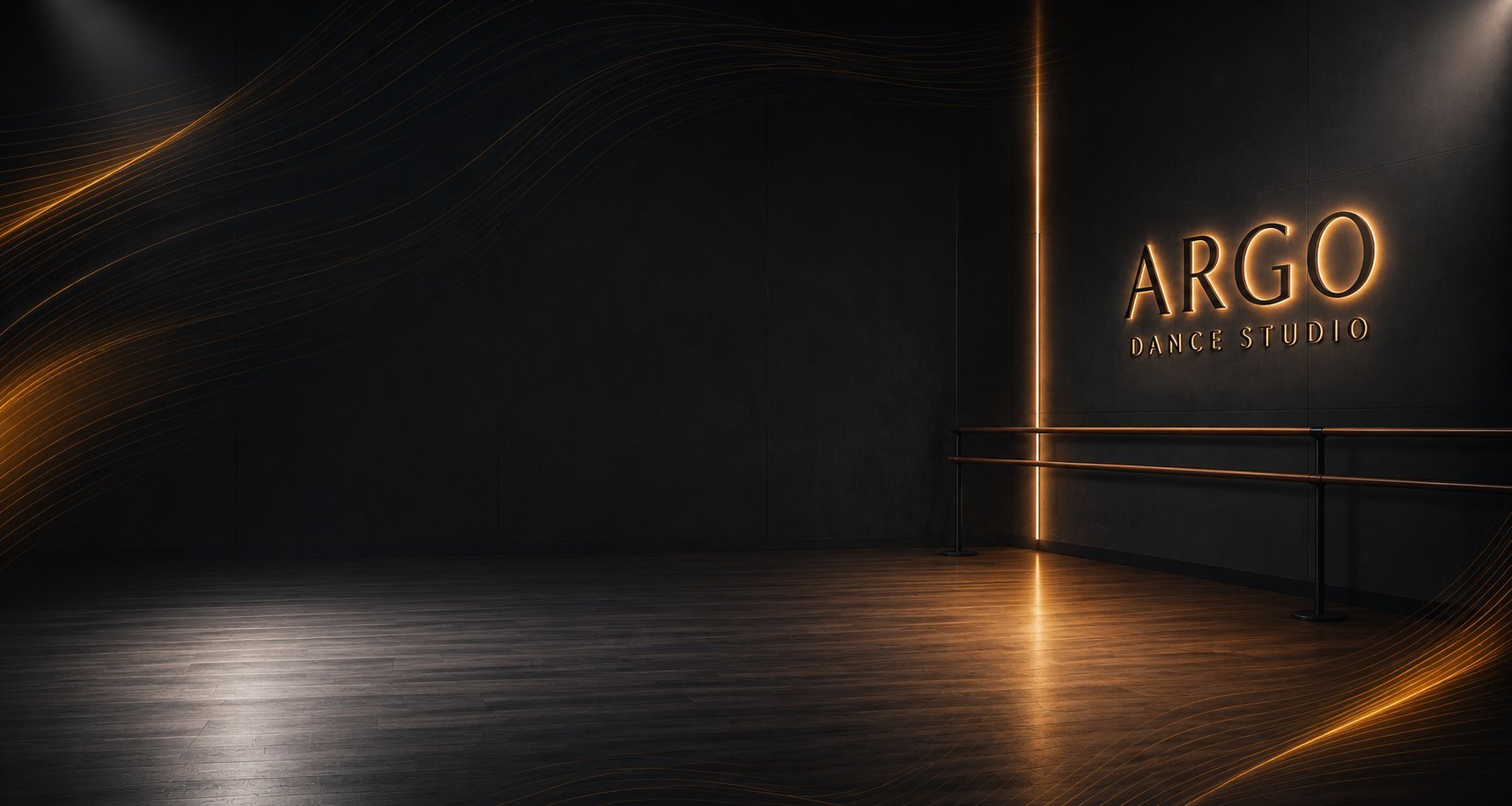 Dark minimalist studio space with ARGO Dance Studio logo and golden light accents on polished floor